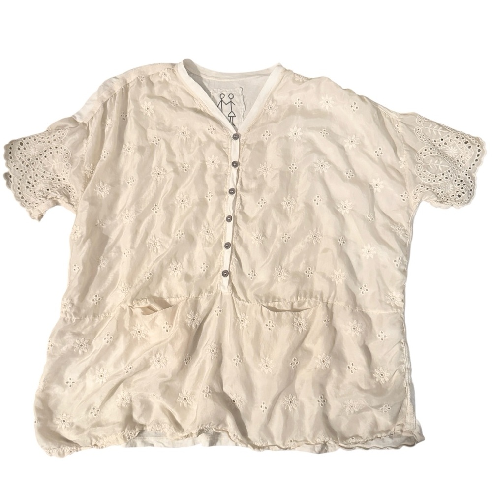 Johnny Was Off-White Silk Embroidered Eyelet Tunic Blouse XS Oversized Boho Fun